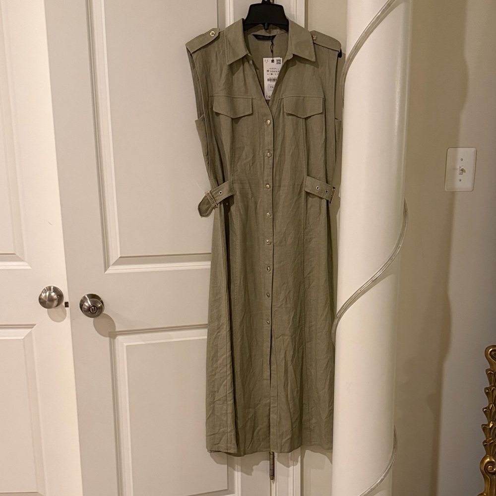 Zara Sleeveless Button-Front Shirt Dress in Sage Green - Picture 9 of 14